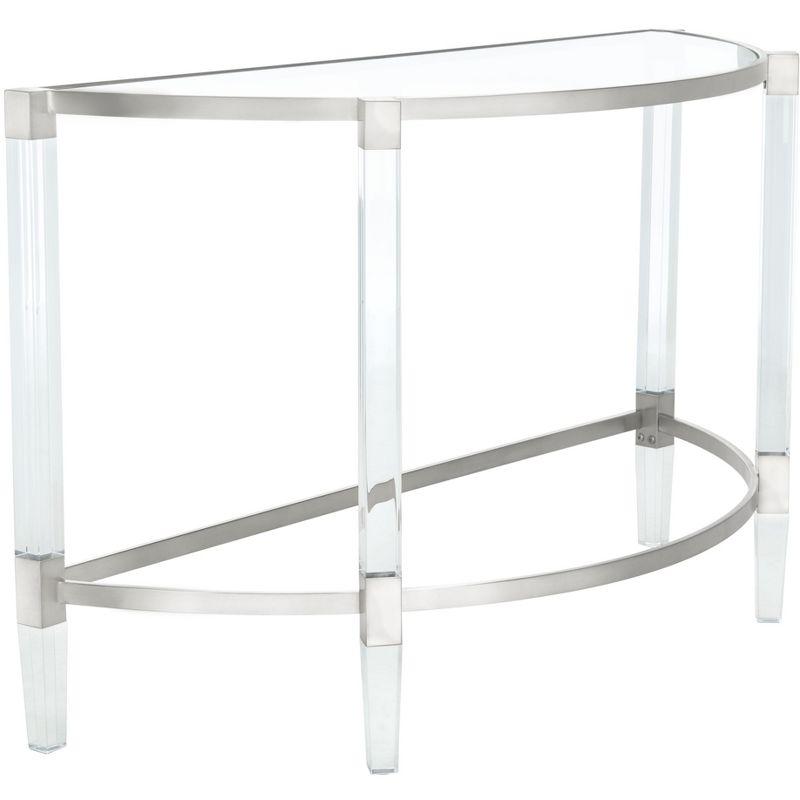 Elegant Demilune Silver Console Table with Acrylic Legs and Storage