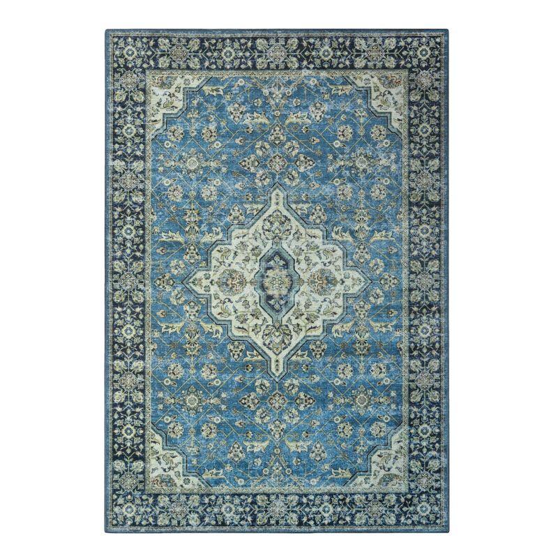 Vintage Distressed Floral Border Traditional Machine Washable Indoor Area Rug, 4' x 6', Blue - Blue Nile Mills