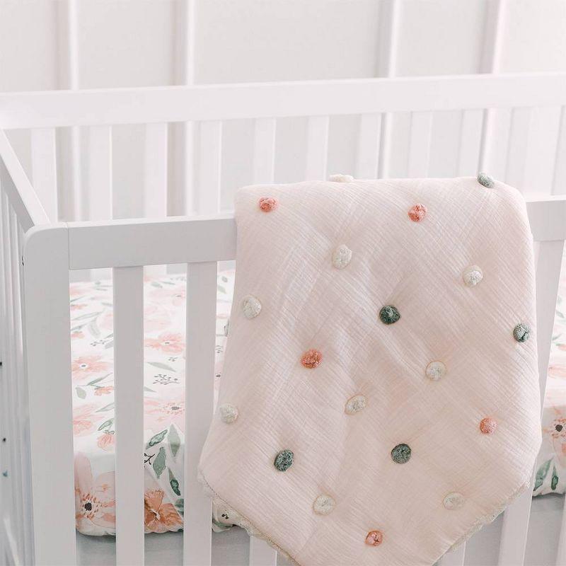 Parker Rose Light Pink Cotton Muslin Baby Blanket with Pom Poms