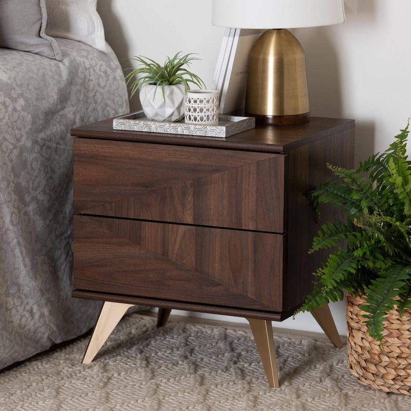 Graceland 2 Drawer Wooden Nightstand Walnut Brown/Gold - Baxton Studio