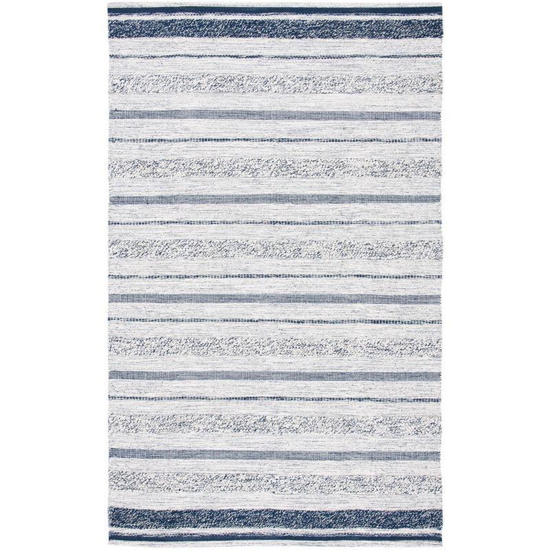 Ivory and Navy Striped Kilim 4' x 6' Wool Cotton Area Rug