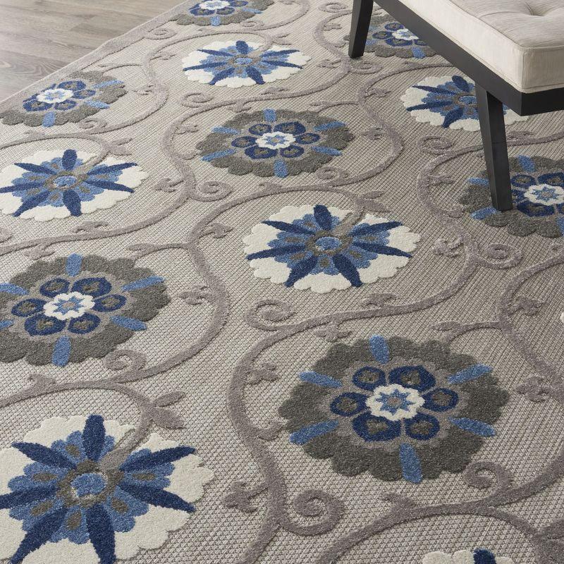 Nourison Aloha Contemporary Floral Flatweave High-Low Indoor Outdoor Area Rug Grey/Blue 7'10" x 10'6"