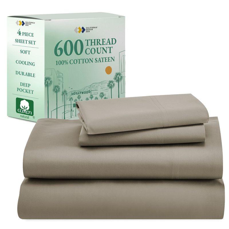 5-Star Luxury Sheet Set | 600 Thread Count 100% Cotton Sateen | Soft & Crisp Bed Sheets with Deep Pockets by California Design Den - Taupe, Queen