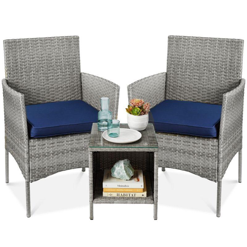 Gray Wicker 3-Piece Patio Bistro Set with Navy Cushions