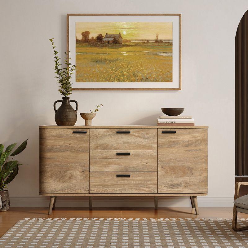 LuxenHome Sideboard Buffet Cabinet with Storage, 59'' Wide Natural Oak Manufactured Wood Accent Console Cabinet with 2-Door and 3-Drawer
