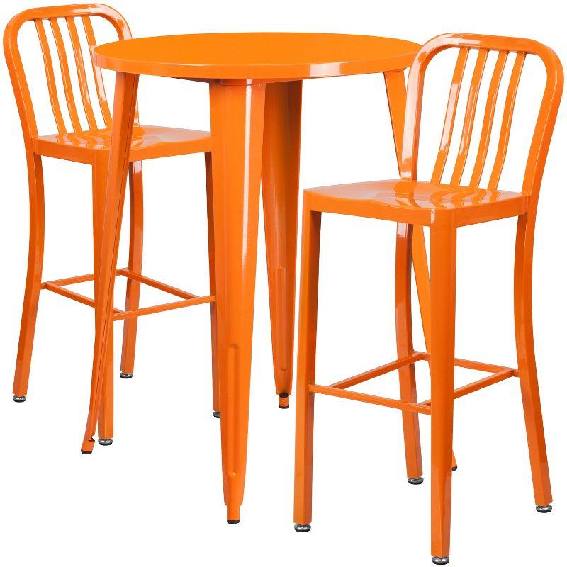 Retro-Modern Orange Metal 30" Bar Table Set with 2 Slat Back Stools