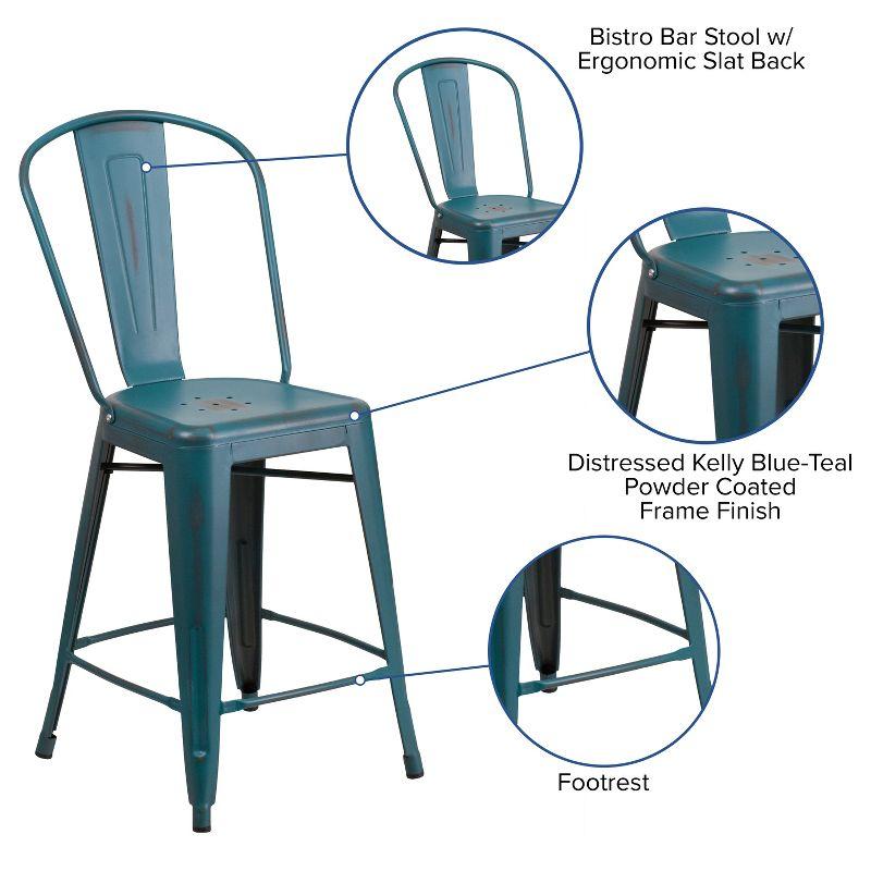 Merrick Lane 24" Metal Indoor-Outdoor Counter Stool with Vertical Slat Back and Integrated Footrest in Distressed Kelly Blue-Teal