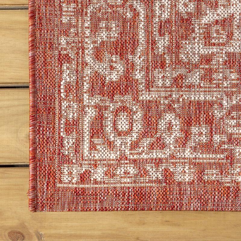 5' Square Malta Bohemian Medallion Textured Weave Indoor/Outdoor Area Rug, Red/Taupe - JONATHAN Y