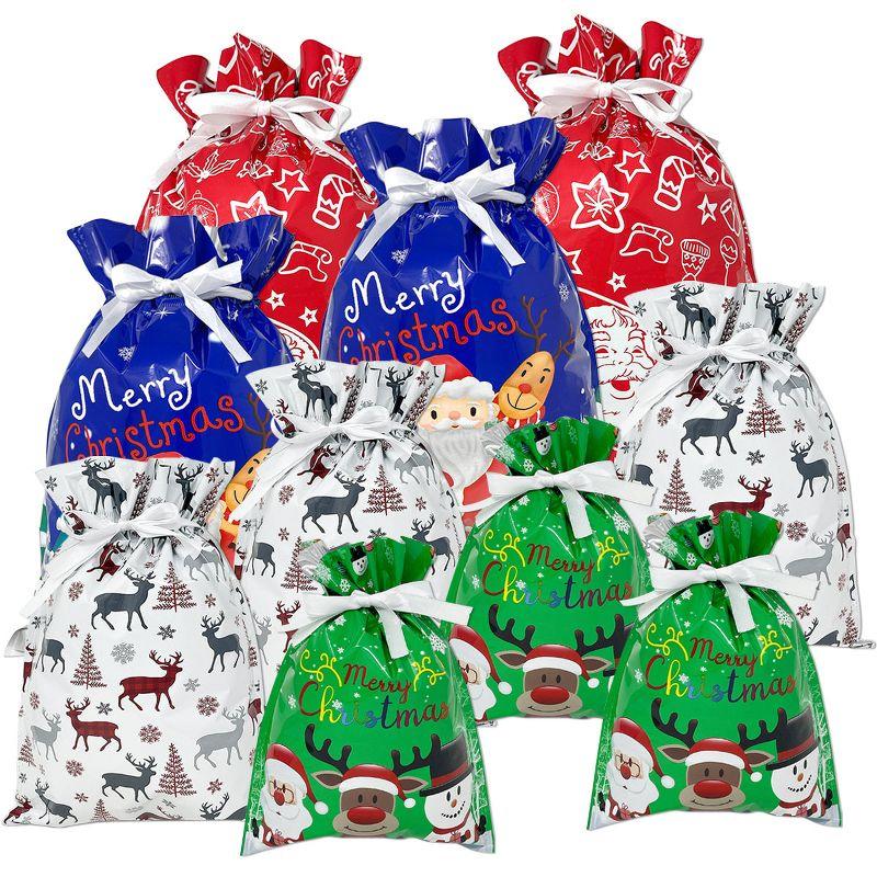 Wrapables Aluminum Foil Christmas Holiday Drawstring Gift Bags for Party Favors, Goodie Bag, Treats, Gift Wrap, Parties Red & Green (Set of 10)