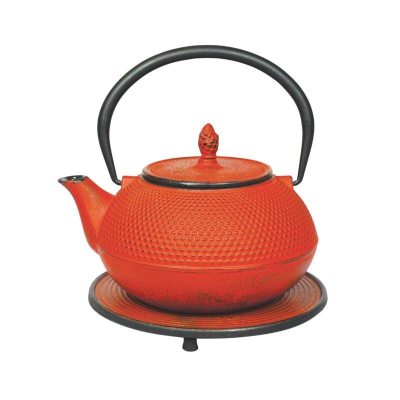 Red Cast Iron Teapot with Trivet and Stainless Steel Infuser