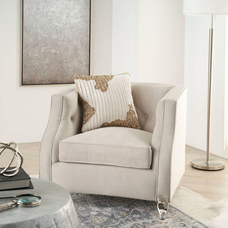 Mina Victory 18"x18" Sofia Beaded Pleated Velvet Square Throw Pillow Ivory/Gold: Bohemian Stripe, Removable Cover, Indoor Use