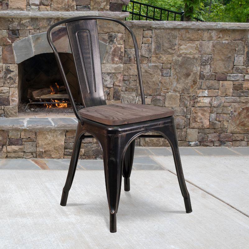 Flash Furniture Black-Antique Gold Metal Stackable Chair with Wood Seat