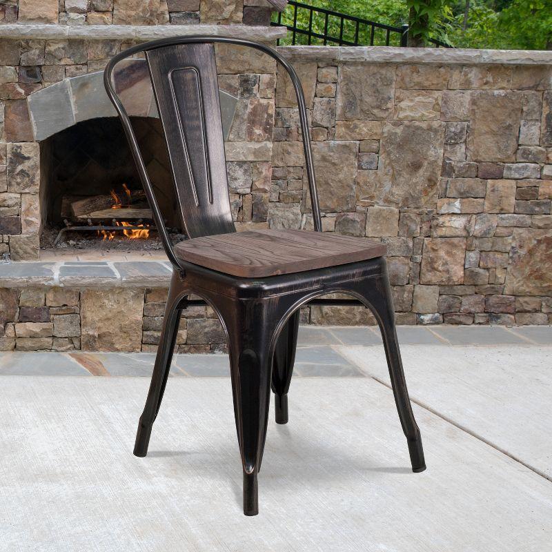 Rustic Black-Antique Gold Metal Stackable Side Chair with Wood Seat