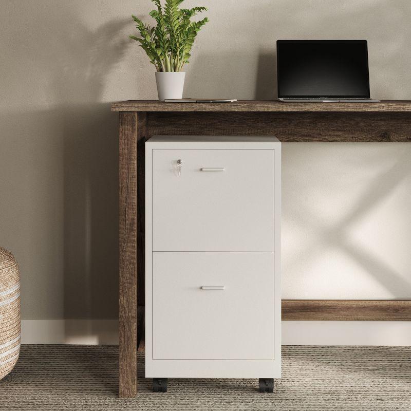 White Mobile 2-Drawer Lockable File Cabinet with Wheels