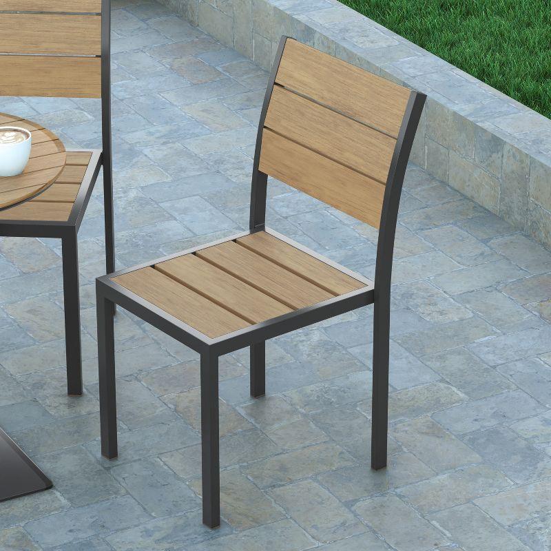 Emma and Oliver Outdoor Stacking Side Chair with Faux Teak Poly Slat Seat, Back and Arms and Metal Frame