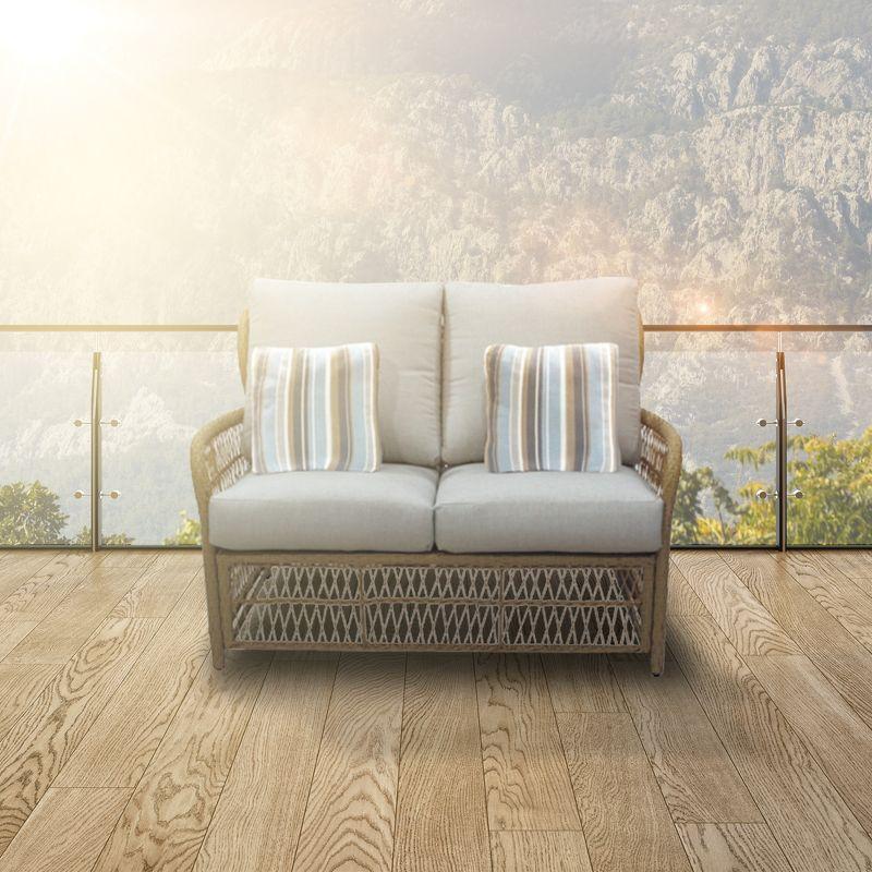 Four Seasons Courtyard Positano Wicker Loveseat Outdoor Bench Seating Furniture with Acrylic Plush Comfortable Lounge Cushions and 2 Accent Pillows