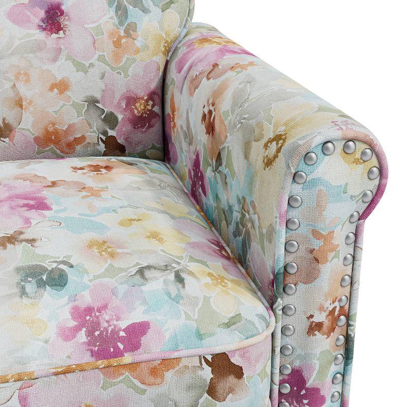 Handy Living Janet Traditional Rolled Arm Accent Chair with Pewter Nailheads Floral Pattern Pink