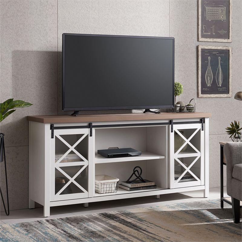 68" White and Golden Oak TV Stand with Sliding Barn Doors