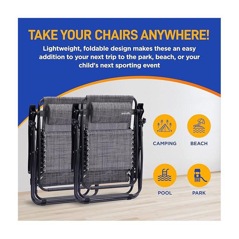 SereneLife Zero Gravity Lounge Chair, Adjustable Steel Mesh Recliners, with Canopy, Removable Pillows and Cup Holder Side Tables, Set of 2, Gray