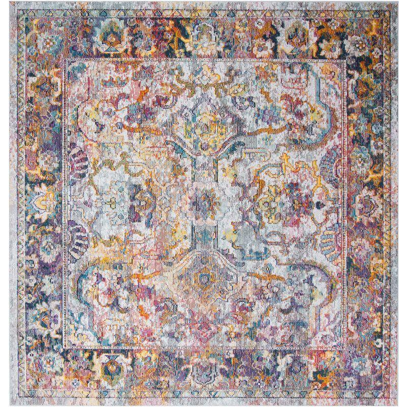 Light Blue Synthetic Floral Motif Square Area Rug