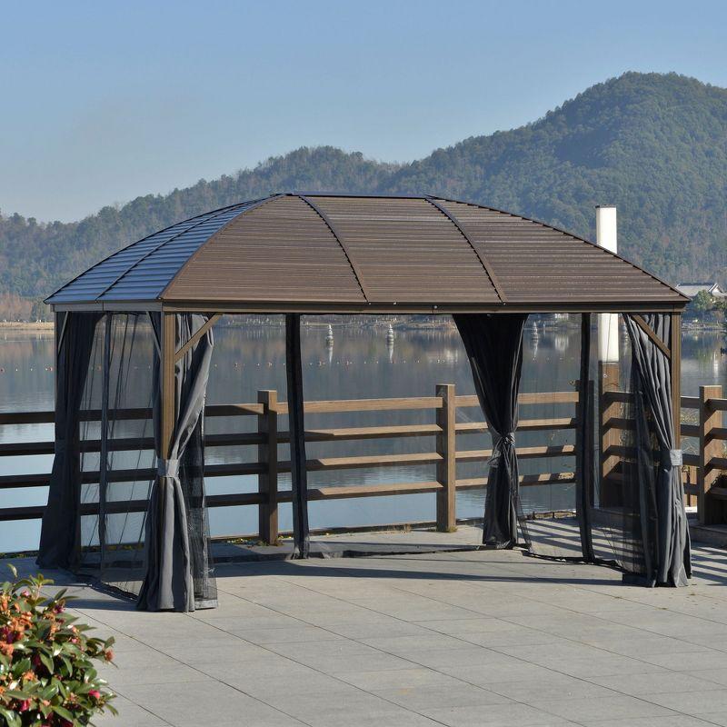 Outsunny Hardtop Gazebo  Pavilion with Curtains, Netting, Steel Roof, Aluminum Frame, and Ceiling Hook for Garden, Patio