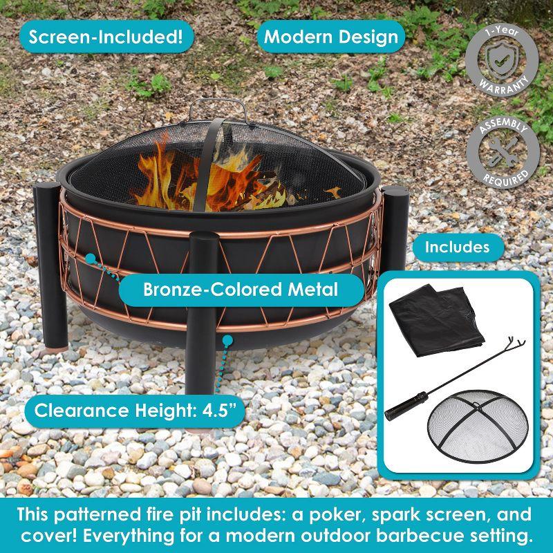 Sunnydaze Steel Fire Pit with Bronze Trapezoid Pattern and PVC Cover - 24.5" Round - Black