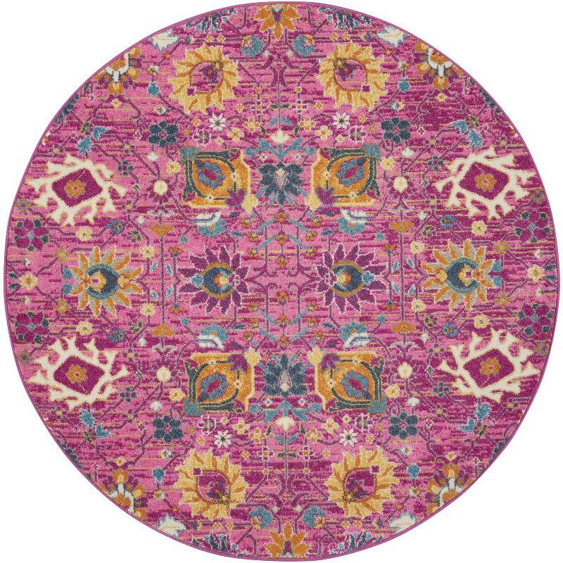 Fuchsia Floral Power-Loomed Round Synthetic Rug - 5'3"