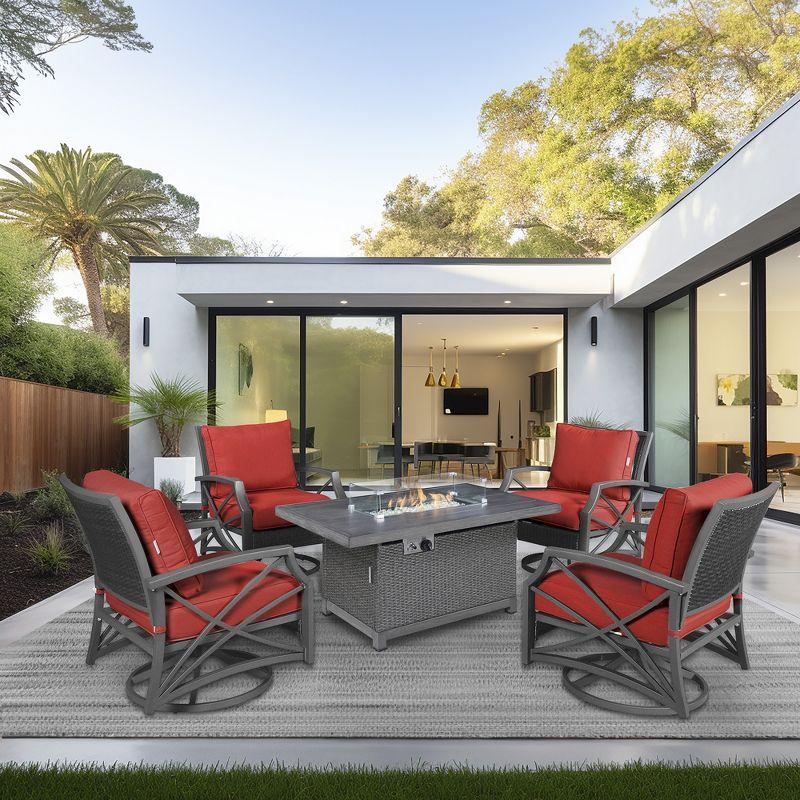 Kinger Home 5-Piece Patio Furniture Set with 52-inch Fire Pit table and swivel chairs, 50,000 BTU CSA Certified, Rattan Wricker, Accessories Included
