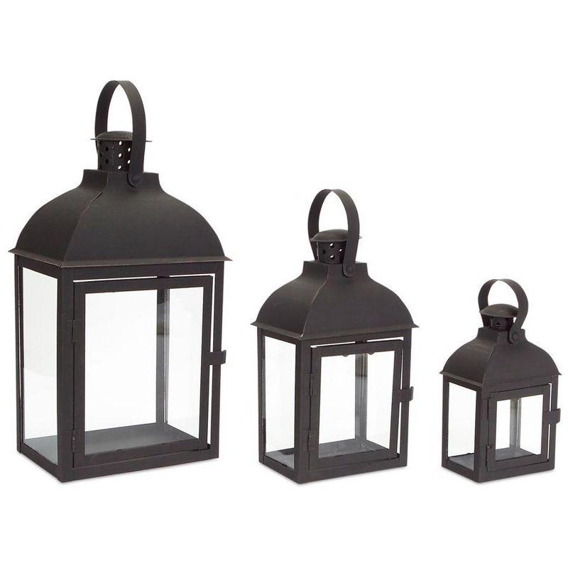 Black Iron and Glass Christmas Candle Lantern Set