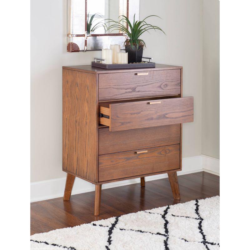 Linon Reid Mid-Century Modern 4 Drawer Wood Chest Dresser Walnut: Veneer Finish, Metal Hardware, Includes Anti-Tip Kit