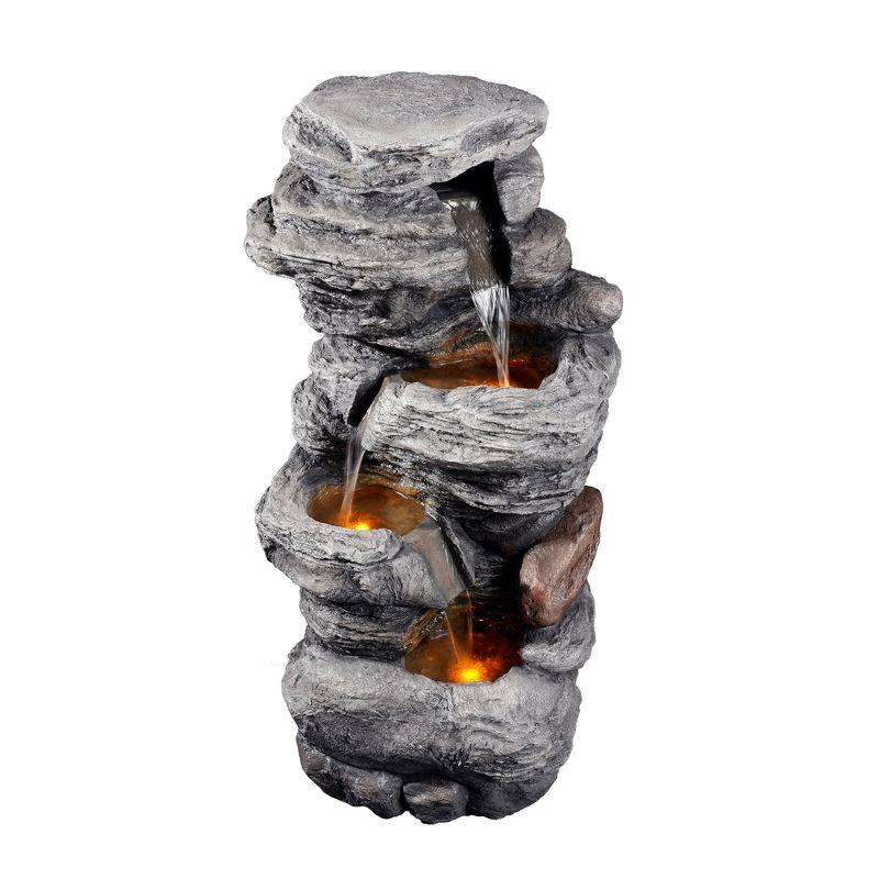 Teamson Home 39.37" Outdoor Faux Stone 4-Tier Water Fountain with LED, Gray