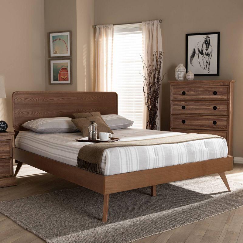 Mid-Century Modern Walnut Queen Bed with Tufted Upholstered Headboard