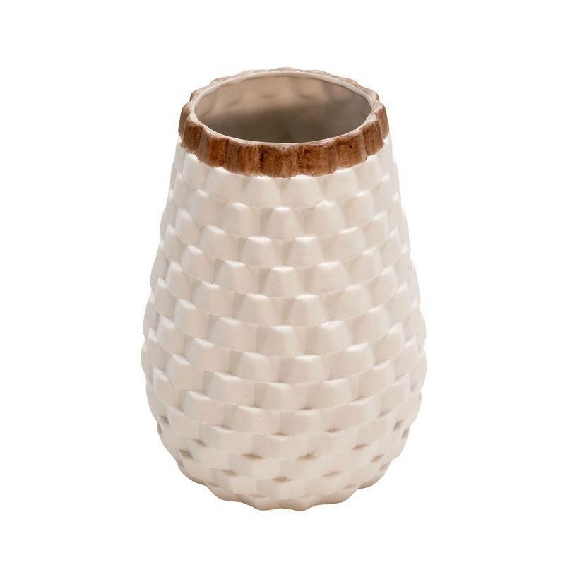 White and Brown Textured Ceramic Vase, 9"