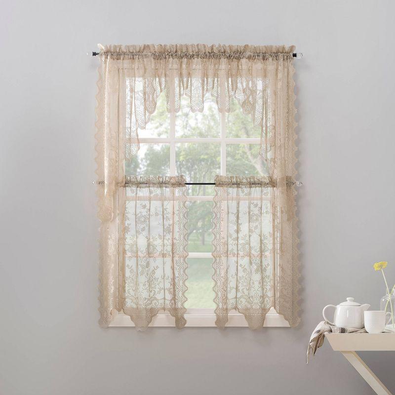 2pc 58"x24" No. 918 Sheer Alison Floral Lace Rod Pocket Kitchen Curtain Tier Pair Beige: Kitchen Window Curtains