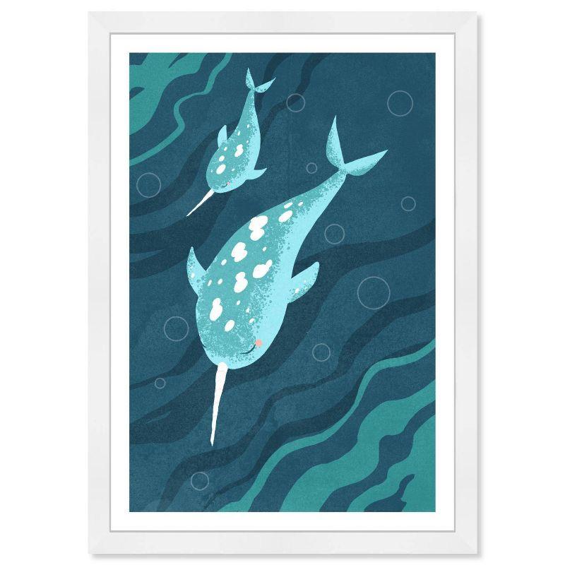 Wynwood Studio 15"x21" Narwhals Wall Art White Frame: Modern Mixed Media Animal Canvas, Wood Composite Frame, Vertical Layout