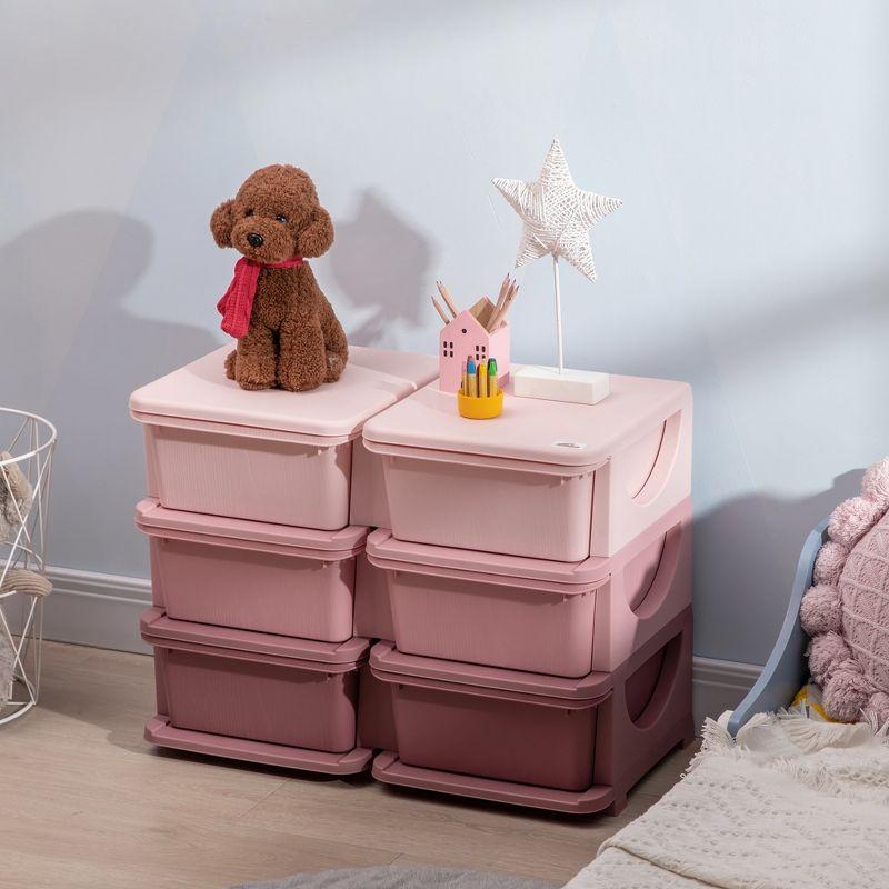 Qaba 3 Tier Kids Storage Unit w/ 6 Drawers Chest Toy Organizer Plastic Bins for Kids Bedroom Nursery Living Room for Boys Girls Toddlers, Pink