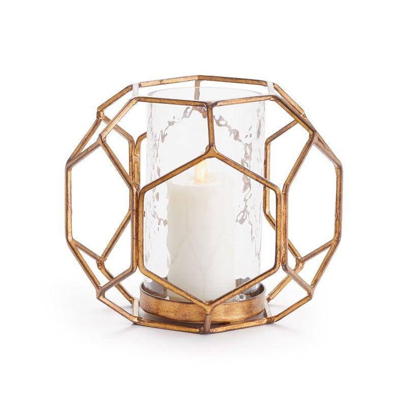 Small Antique Gold Geometric Glass Hurricane Candle Holder