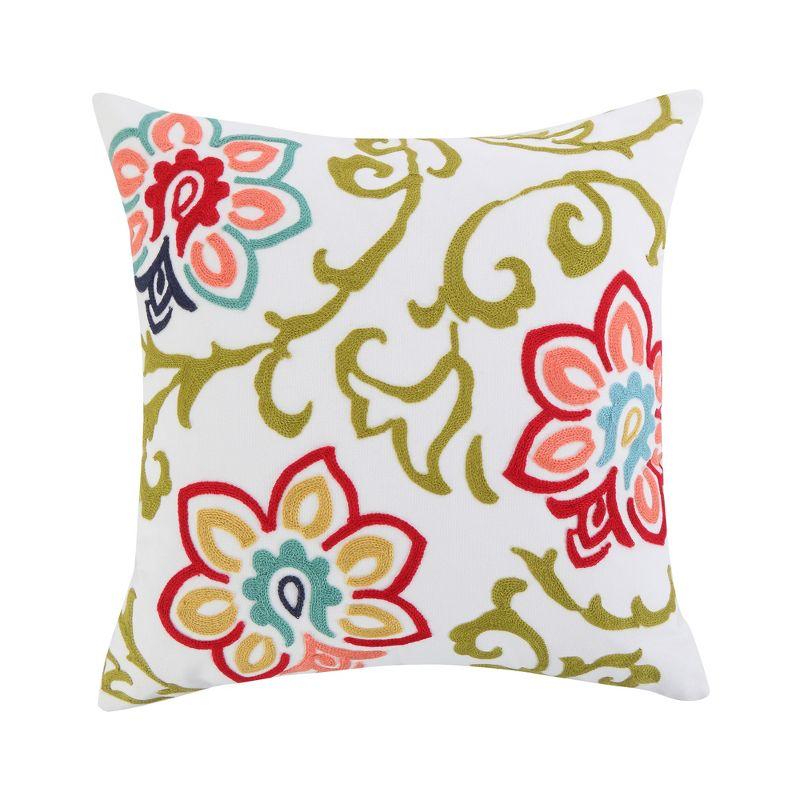 Clementine Vibrant Embroidered Floral Square Pillow 18x18in