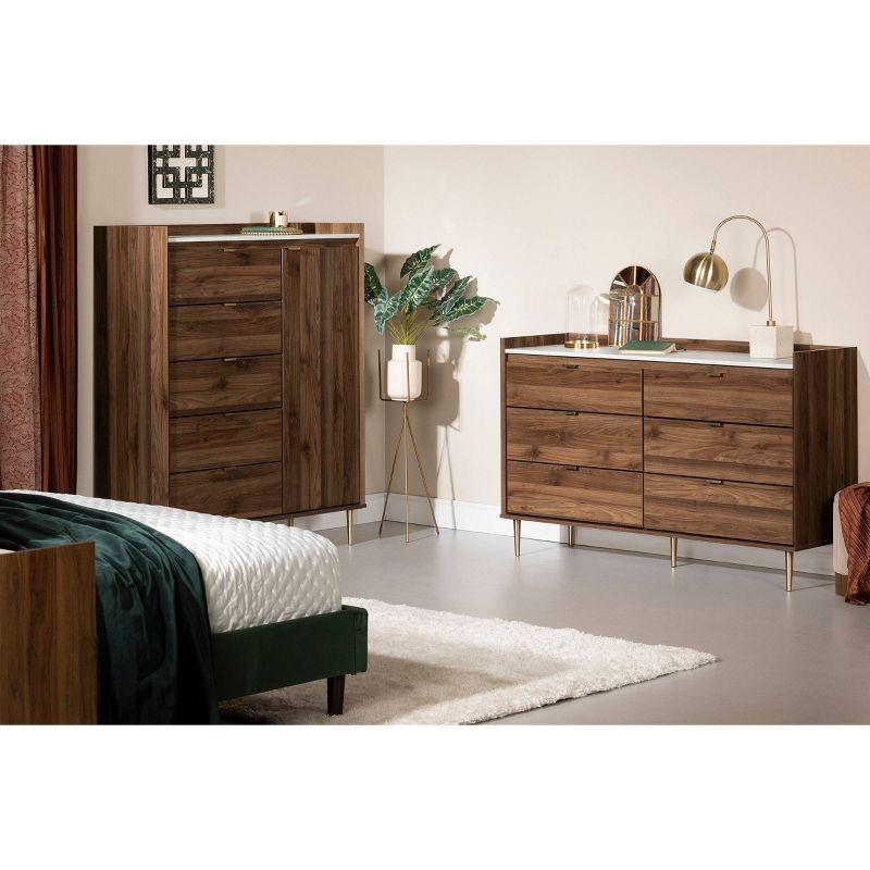 Natural Walnut and Faux Carrara Marble Glam 5-Drawer Dresser