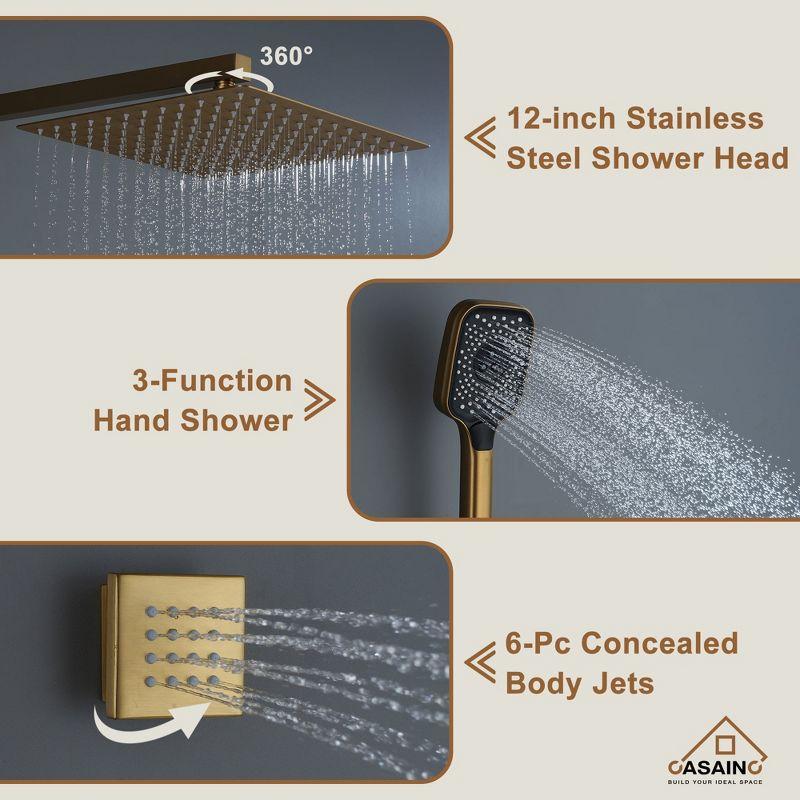 Revitalize 3-Function 12 Inch Wall Mount Rainfall Thermostatic Shower System with 6 Body Jets