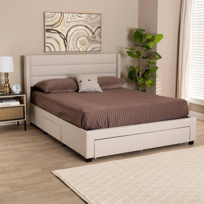 Beige and Dark Brown Upholstered Full Storage Platform Bed with Drawers