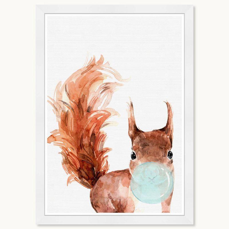 Wynwood Studio 15"x21" Squirrel Bubblegum Wall Art White Frame: Modern Mixed Media Animal Canvas, Wood Composite Frame