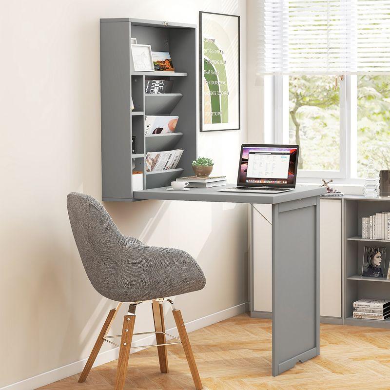 Costway Wall Mounted Computer Convertible Desk Floating Desk w/ Storage Bookcases Grey