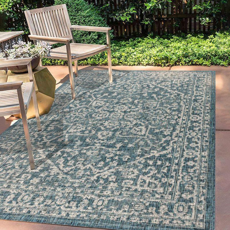 4'x6' Malta Bohemian Medallion Textured Weave Indoor/Outdoor Area Rug, Teal/Gray - JONATHAN Y