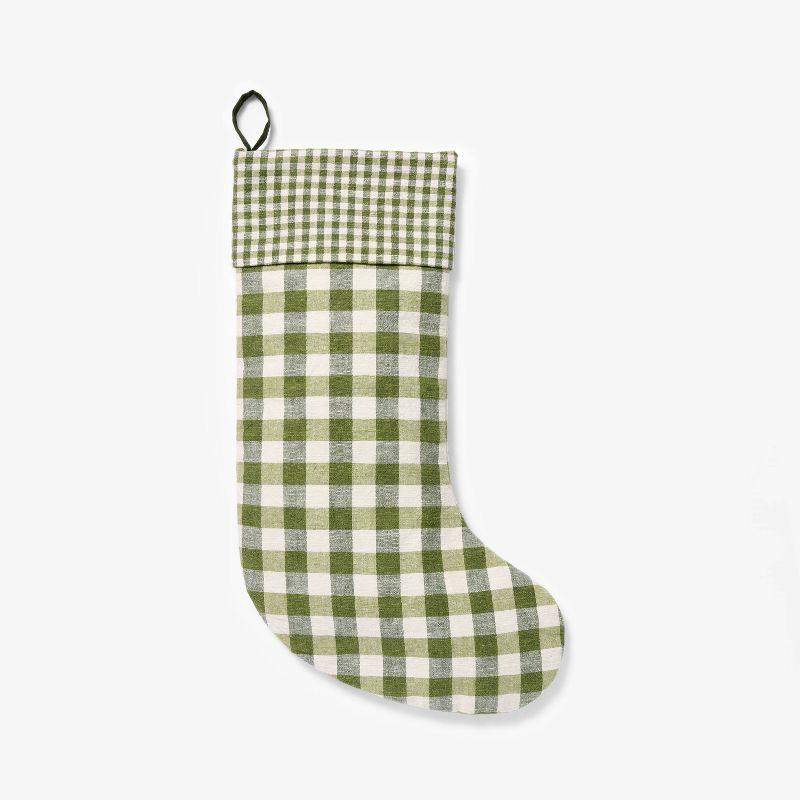 Green and White Plaid Cotton-Linen Christmas Stocking