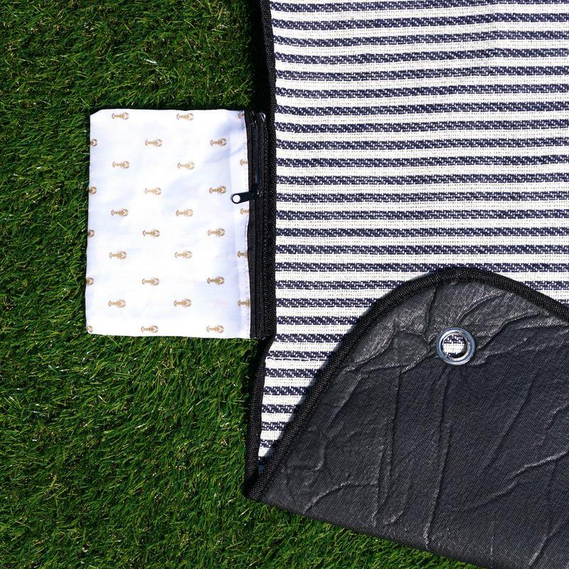 Twine Picnic Blanket - Waterproof Outdoor Blanket with Leather Carrying Straps and Picnic Stakes - Navy/White Striped 6pc Set of 1