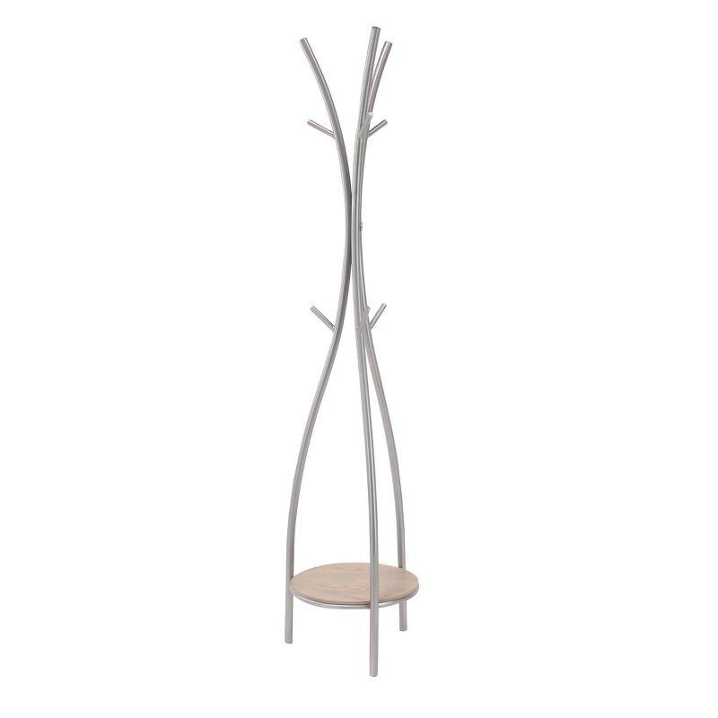 Silver and Beige Metal Freestanding Coat Rack with Shelf