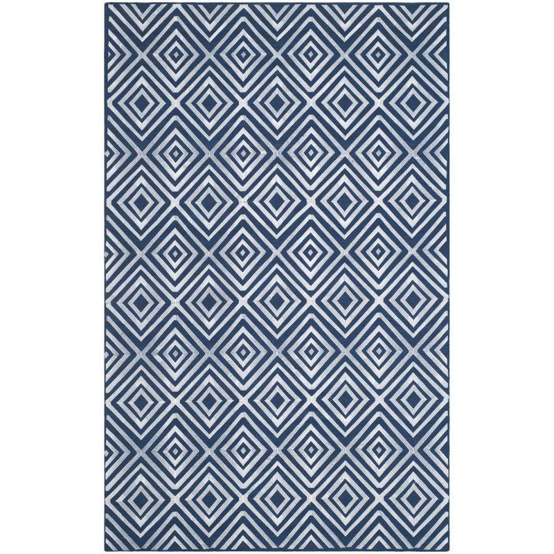 Navy and White Geometric Pattern 5'x8' Handmade Rug