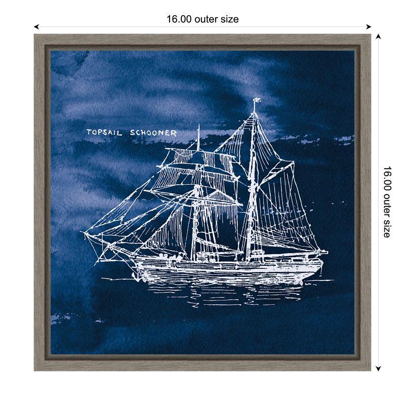 Indigo and White Sailing Ship Canvas Wall Art with Gray Frame