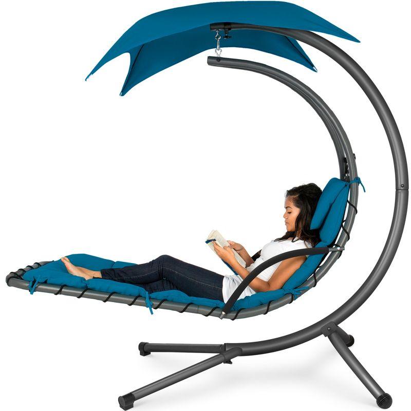 Peacock Blue Hanging Curved Chaise Lounge Chair with Canopy